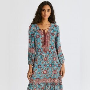 Lola P. Elegant Boho Bohemian tiered Sheer Floral Maxi Dress, Teal/Rust, S